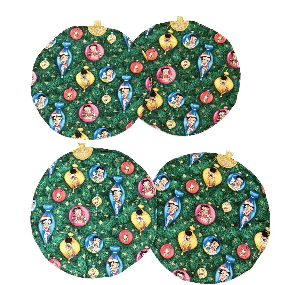 Handmade Quilted Betty Boop Christmas Ornaments PLACEMATS Green Stars Set of 4